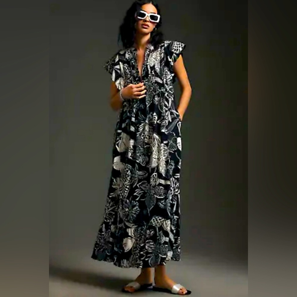 Anthropologie Black and White Maxi Hawaiian Dress Size Small By Maeve